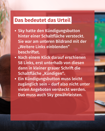 Bild mit Text: "Das bedeutet das Urteil: Sky hatte den Kündigungsbutton hinter einer Schaltfläche versteckt. Sie war am unteren Bildrand mit der  „Weitere Links einblenden“ beschriftet. Nach einem Klick darauf erschienen 58 Links, erst unterhalb von diesen dann in kleiner grauer Schrift die Schaltfläche „Kündigen“. Ein Kündigungsbutton muss leicht zugänglich sein – darf also nicht unter vielen Angeboten versteckt werden. Das muss auch Sky gewährleisten."
