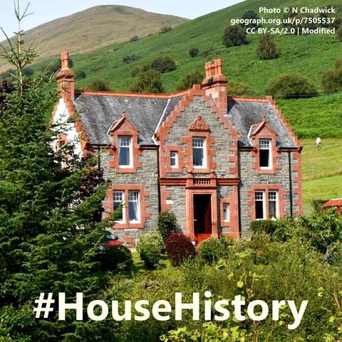 Image: Photo of a three bay, two storey, stone-built house with hills rising behind it. The photo has the hashtag #HouseHistory superimposed on it.