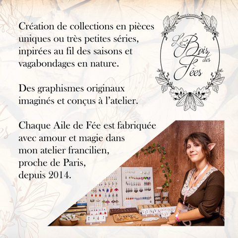 Une présentation de mon univers, avec des illustrations féeriques et une photo de moi sur un stand