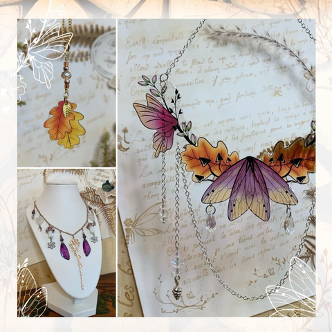 Trois photos de créations : un collier feuille de chêne dans les tons orangés, un collier à breloques avec des pierres, champignons de verre, ailes de fées, et une arche féerique décorative et attrape soleil, avec des papillons, bourgeons, et feuilles de chênes