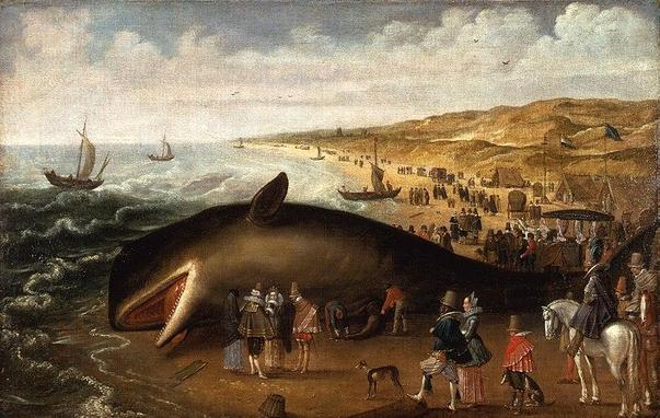 oil painting : Whale Stranding of 1617 : The Whale Beached Between Scheveningen and Katwijk on 20 or 21 January 1617, with Elegant Sightseers.