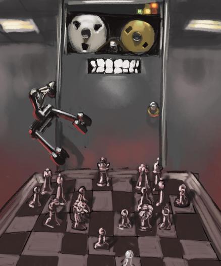 Digital painting of reel to reel computer playing chess