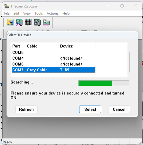 Screenshot of the TI ScreenCapture program running with a Select TI Device window on top of it. The window lists COM ports. COM7 is identified as Gray Cable with TI-89 connected.