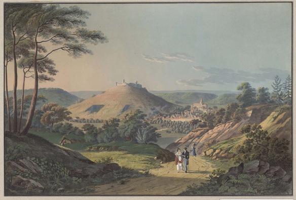 Farbige Lithografie der Stadt Weinsberg mit Burg Weibertreu in idyllischer Landschaft.
