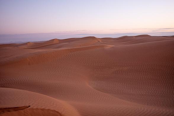 Expansive Tunisian desert landscape with rolling sand dunes stretching into the distance. 

The sand has a smooth, rippled texture, and the dunes vary in height, creating a wavy pattern across the scene. 

The sky above is a soft gradient of colors, transitioning from a pale pink near the horizon to a light blue from the sunrise. 

The overall atmosphere is calm and serene, with no vegetation or human presence visible.