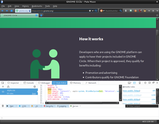 a screenshot of the GNOME circle website with the CSS style editor open showing Cantarell being used for the html and body classes.