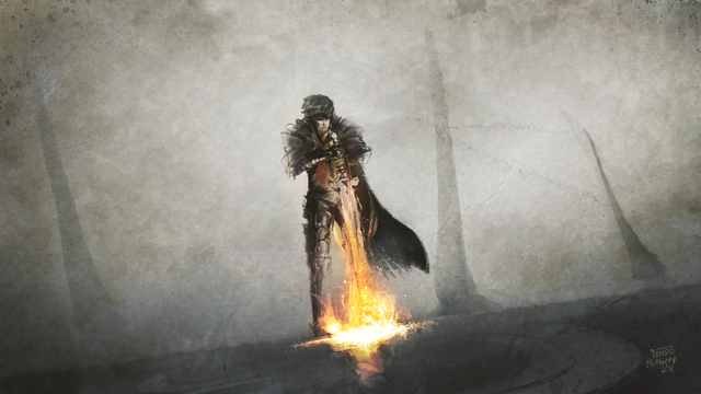 Painting of Clive from FFXVI standing stoically and plunging his sword into the ground, with the tip of the blade on fire