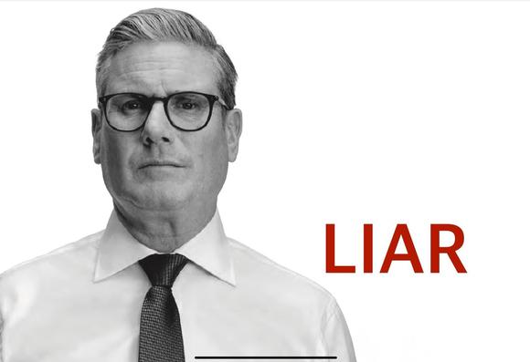 Liar Starmer with short gray hair and glasses is staring directly at the viewer. He is wearing a white dress shirt and a dark tie. The word "LIAR" is prominently displayed in large red letters beside him. The background is plain white.