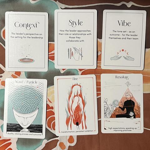 Six cards are shown from the Leadership Tarot deck. The text on the six cards is as follows in order from top left to bottom right. 
Context - the leader’s perspective on the setting for the leadership 
Style - How the leader approaches their role or relationships with those they collaborate with 
Vibe - The tone set - as an outcome - for the leadership themselves and their team
Wave / Particle - duality, valuing process and outcome
Fire - transformation, persistent ambition 
Resolute - high expectations, speaking up, improving practices