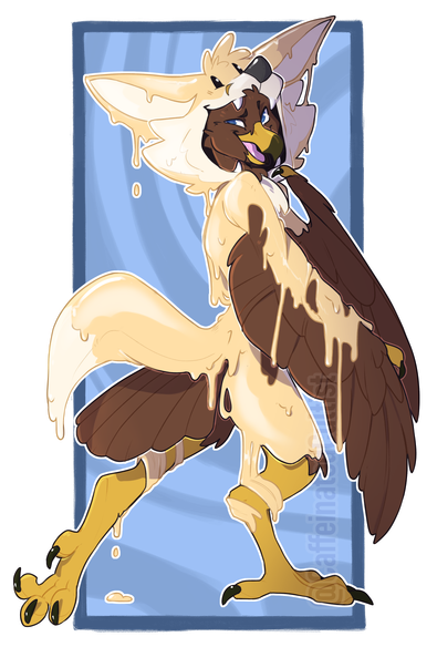 Digital art of a furry avian character wearing a goopy latex suit that appears to be bonded to the character the character being a golden eagle. the character is striking a pose extending it's leg out as if modeling with the suit and getting it's picture taken. artwork by CaffeinatedCultist