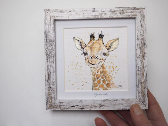gerahmtes 15x15cm großes Aquarell: Portrait einer jungen Giraffe