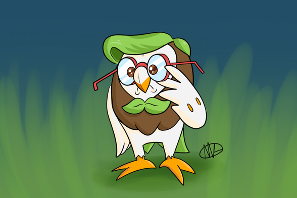 The owl Pokémon, Dartrix, with a different "haircut" and a big pair of glasses being held up by one of his wings. He looks much dorkier than normal.