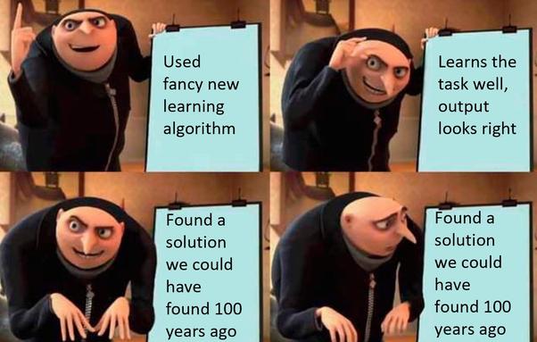 Gru meme. Captions are "Used fancy new learning algorithm", "Learns the task well, output looks right" and then "Found a solution we could have found 100 years ago"