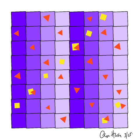 An 8×8 grid composed of alternating purple and lavender squares. Scattered across the grid are downward-pointing red-orange triangles and bright yellow squares, some overlapping. The shapes vary in size and are positioned according to a hidden numerical pattern. The artwork is signed “Chris Hatch 3/25” in the bottom right corner.