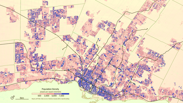 population density choropleth map of the greater toronto area overlaid with major rail lines - data from 2021