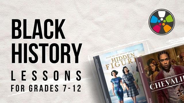 Text says: "Black History Lessons for Grades 7-12." On the right there are Journeys in Film Lesson Plans for Hidden Figures and Chevalier. The Journeys in Film logo is in the top right corner.