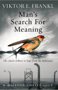 The image is the cover of the book "Man's Search For Meaning" by Viktor E. Frankl, featuring a bird perched on barbed wire with a concentration camp in the background.