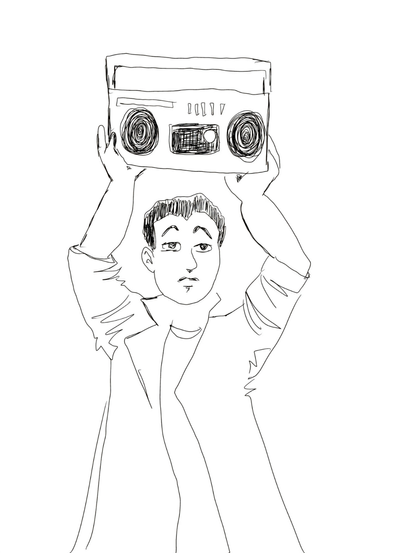 A digitally inked pencil sketch of John Cusack as Lloyd Dobler in Say Anything for the cassette tapes and players prompt at #sketchdaily