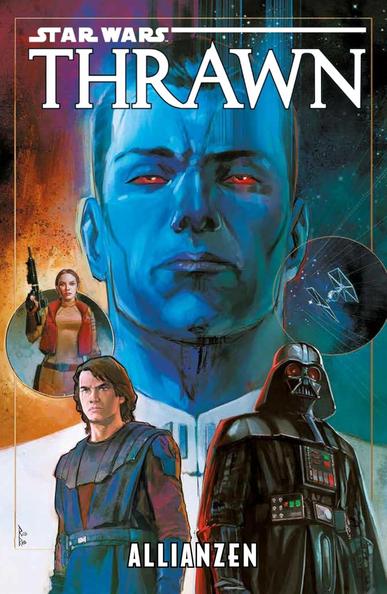 Das Cover des Comics Allianzen von Jody Hauser stellt den Kopf samt Teil des Oberkörpers einer Person mit kurzen Haaren und gelangweiltem Blick in den Vordergrund. er trägt ein bis zum Kragen geschlossenes Oberteil. Vor ihm stehen zwei Personen.  eine mit ernstem Blick, langen Haaren und einer Art Uniform. die andere trägt einen Helm mit langem Nackenschutz, Maske, ein Cape und ein Gerät auf der Brust. Hinter ihr ist ein kugelraumschiff mit zwei Sonnenkollektoren zu sehen. Hinter der anderen Person ist eine weitere Person abgebildet, die eine Weste über einem Pulli trägt, zudem hält sie eine Art Gewehr mit angewinkeltem Arm nach oben.