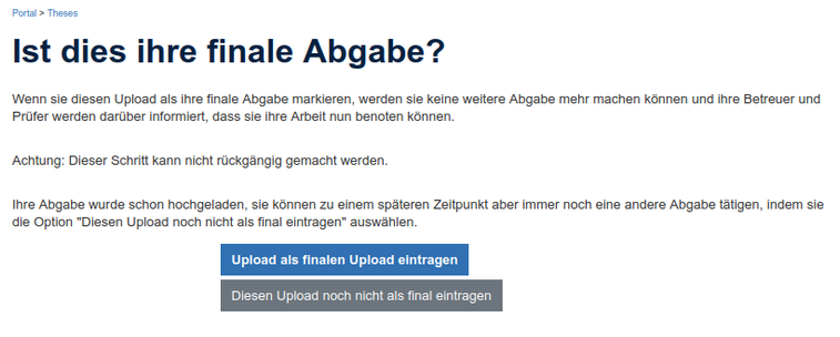 Screenshot of TUM portal for confirming the upload of a thesis