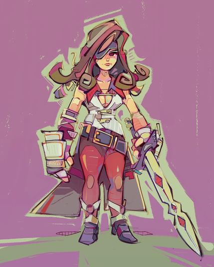 Full body illustration of Beatrix from Final Fantasy 9 with some cartoonish proportions.  She has tall brown hair that falls into spiraling curls at her shoulders.  She wears an eyepatch over her right eye.  Her top is a sleeveless white duster with boob window and large red collar.  Her forearms are armoured in light plate metal gauntlets.  A giant dark belt hangs as if slipping down her hips.  Her legs are in pantyhose or brown leggings and she wears armoured high heel boots with white spats.  Her left hand holds out a broadsword, the blade’s silhouette pinching at several points in the edge, and 3 inset red shapes adorning along the central ridge.