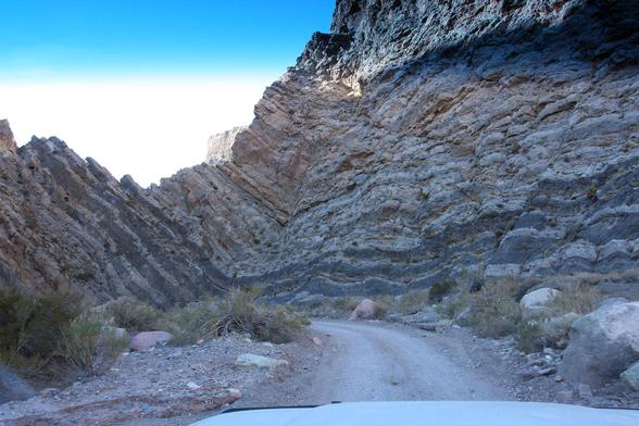 Bent layers of rock stratification are on display on a rock hillside.