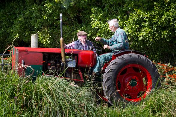 Two elderly men converse surrounded by tall grass and greenery on Sherkin Island, Cork, Ireland. One seated on a vintage red tractor, while the other stands beside him gesturing mid-conversation, both dressed in workwear and bathed in warm sunlight.
