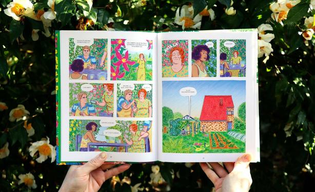 The third photo shows pages 28 and 29 of the story, continuing the dialogue between the three characters under the pergola. The sun is setting.