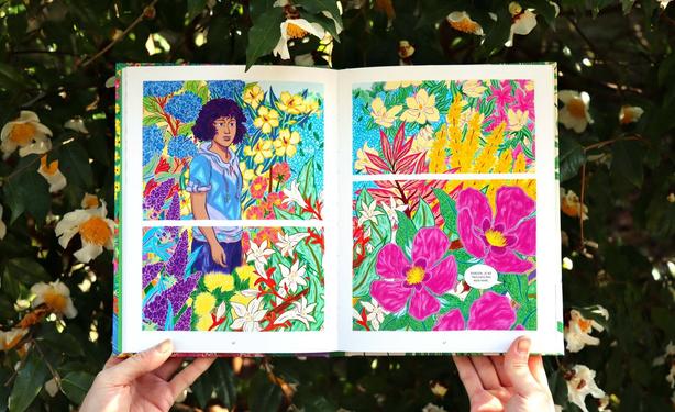 The fourth photo features pages 40 and 41 of the story. A bit further into the narrative, a double-page illustration shows the main character, Églantine, surrounded by a variety of vibrant, colorful flowers.