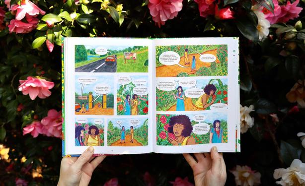 This photo shows pages 62 and 63 of the graphic novel. This time, we see Églantine and Violette arriving by car at a beautiful plant nursery and chatting as they walk through its rose garden.