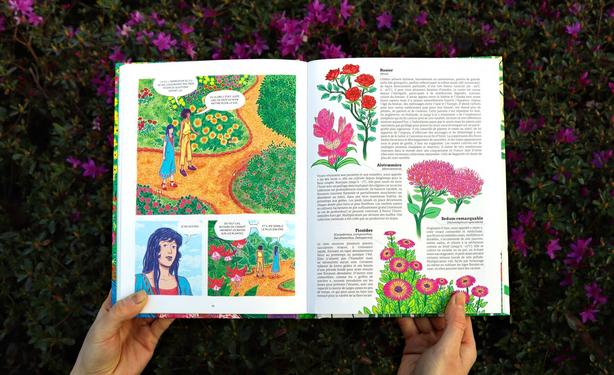 ChatGPT a dit :
Here, on pages 64 and 65, we see the two characters leaving the rose garden and finding themselves among dahlias and fuchsias. On the right page, 65, there is a documentary-style panel showcasing alstroemerias, rose bushes, remarkable sedums, and ice plants, along with their describing texts.