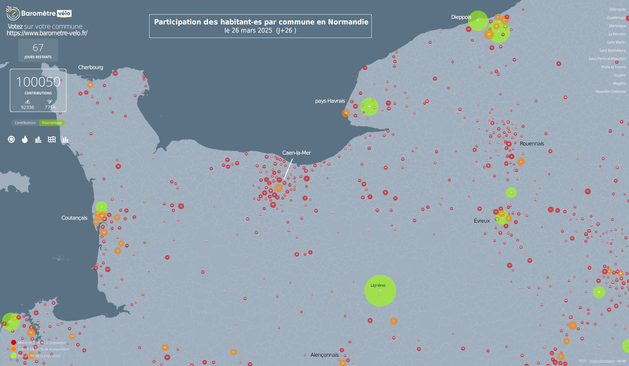 Carte de la participation par commune en Normandie au Baromètre des Villes Cyclables 2025, mercredi 26 mars 2025 (100 000 réponses dans l'Héxagone).