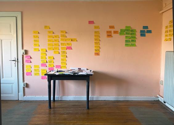 Ein kleiner schwarzer Tisch steht vor einer Wand mit vielen bunten Post-its.