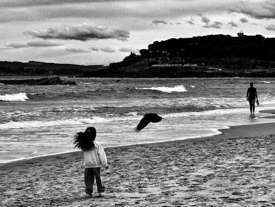 Una fotografía en blanco y negro muestra una playa con olas suaves que rompen en la orilla. Una niña con el pelo largo y al viento está de pie en la arena mirando hacia el mar. Una mujer camina por la orilla a cierta distancia. Un pájaro vuela cerca de la niña, sobre la playa. Al fondo, se ve una línea costera con vegetación y una colina. El cielo está nublado. La escena transmite una sensación de soledad y paz.
