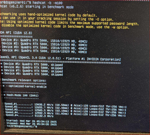 Screenshot of console running hashcat in benchmark mode for SHA1 (-m100).

 4 QuadroRTX5000 are listed with a combined hash rate of 51,132 MH/s
