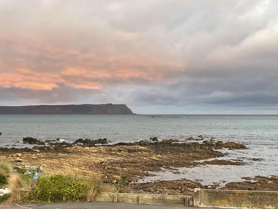 photo, sunrise time but looking west to mana island, over which the clouds are fluffy and coloured pink-peach by the rising sun. the mood is soft, a little blurry even
