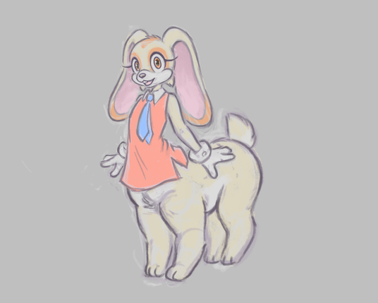 Color digital sketch. Cream the Rabbit, of the Sonic the Hedgehog series, as a taur. She is smiling with her arms to the side.