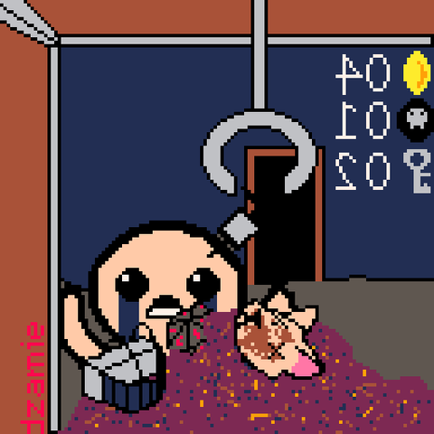 Pixel art of The Binding of Isaac. Viewed from the inside of a crane game machine, a distraught Isaac presses his face against the glass to look at Cricket's Head, Tech X, and a Spindown Dice, all incredibly powerful items. behind him, his UI shows that he only has 4 coins, leaving him unable to gamble for the items.