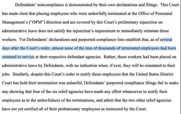 Text from a court document discussing noncompliance by defendants regarding the reinstatement of unlawfully terminated employees, highlighting failure to meet judicial orders and notify affected individuals.