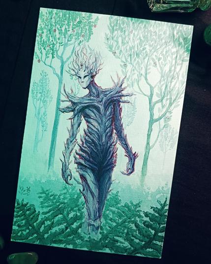 Illustration de créature ou esprit de la forêt dans un paysage fantastique et verdoyant avec des fougères et des arbres stylisés