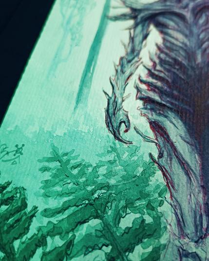 Illustration de créature ou esprit de la forêt dans un paysage fantastique et verdoyant avec des fougères et des arbres stylisés