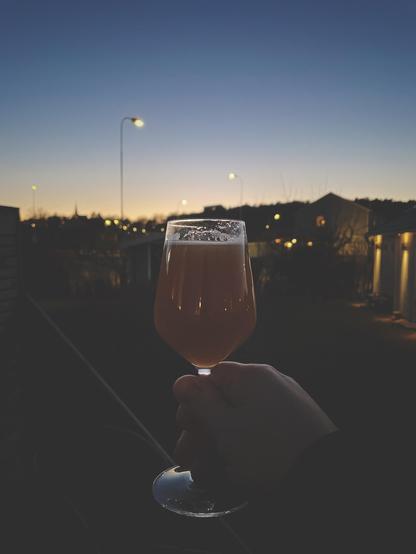 Ett glas med öl hålls upp i en skål mot solnedgången.