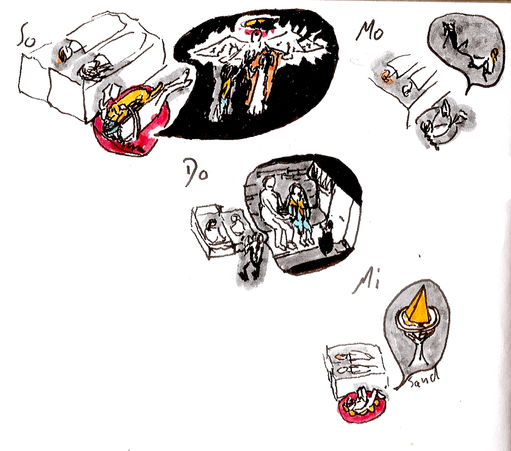 Four sketches of a person reading a book to two kids in bed with the scenes from the book shown in a speech bubble.

In the first a dog lies besides the reading one.

The first speech bubble shows a winged person opposite touching a burning person and a third one touching the burning.

The second shows two people riding inside a coach. The third shows a blonde person pulling the leg of a black-robed one.

The third shows a pyramid of sand on a stand.