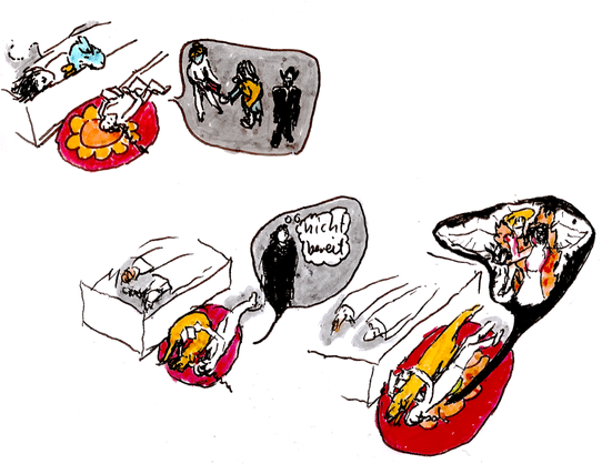 Three sketches of a person reading a book to two kids in bed with the scenes from the book shown in a speech bubble.

In the second and third a dog lies besides the reading one.

The first speech bubble shows three people. Also from the bed of next to the reading one a toy dolphin looks down.

The second shows a dark robed person thinking "nicht bereit" ("not ready").

The third shows a winged person and a burning woman who fight.
