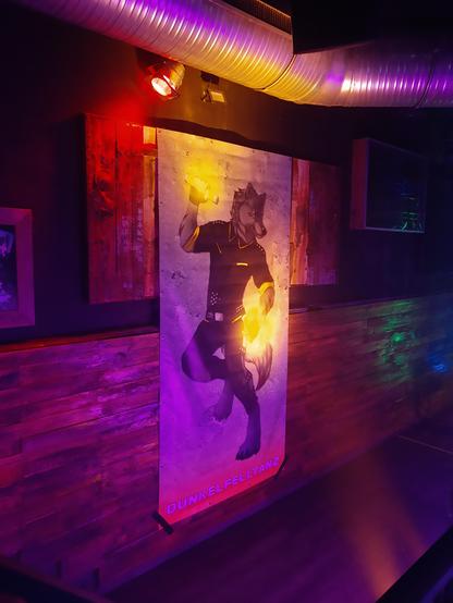 A photography showing a banner hanging on the wall and having a dancing anthro character on it, holding two glowing light sticks in their paws. The inscription on the bottom of the banner says "Dunkelfelltanz".
