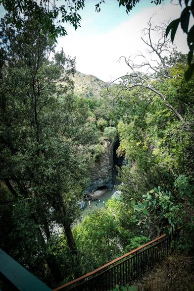 The image depicts a lush, green landscape with a prominent waterfall cascading down a rocky cliff into a river below. The scene is framed by dense foliage, with various trees and shrubs, including cacti, adding to the natural beauty. In the foreground, a metal railing suggests a viewpoint or a path, providing a vantage point for observing the waterfall and the surrounding area. The waterfall is the central feature, with water visibly flowing over the cliff edge into the river. The river is surrounded by a mix of greenery, and a few people can be seen near the water's edge, indicating the area is accessible to visitors. The sky is partly cloudy, with patches of blue visible, suggesting a pleasant day. The overall atmosphere is serene and natural, with the waterfall as the focal point of the scene.

Provided by @altbot, generated privately and locally using Ovis2-8B