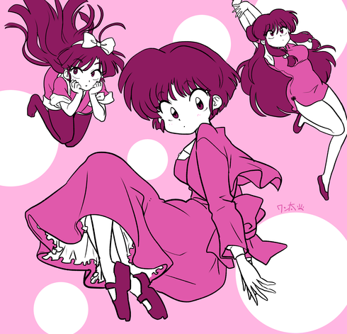 A pink, maroon, and white fan art drawing of Ukyo, Akane, and Shampoo from Ranma ½ effortlessly floating in the air in front of a pink background with white circles; there are only five colors total, but the artist Wanfutoshi sure drew a lot in just 60 minutes!
