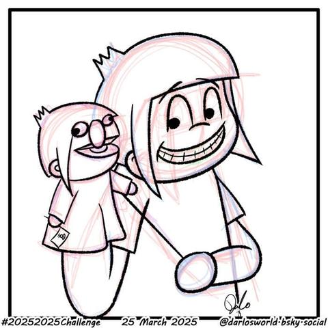 A drawing of Darlo with a puppet version of himself.