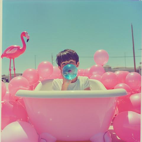 A young boy sits in a pastel pink clawfoot tub surrounded by pink balloons. He holds a blue translucent balloon to his face. A plastic flamingo stands nearby under a bright blue sky, giving the whole scene a whimsical, surreal vibe.