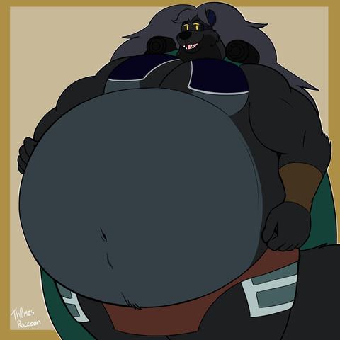 Akudon, the cougar Meshtrus Ordinatrus, is looking at the viewer as he keeps his right hand placed on the side of his significantly larger belly.